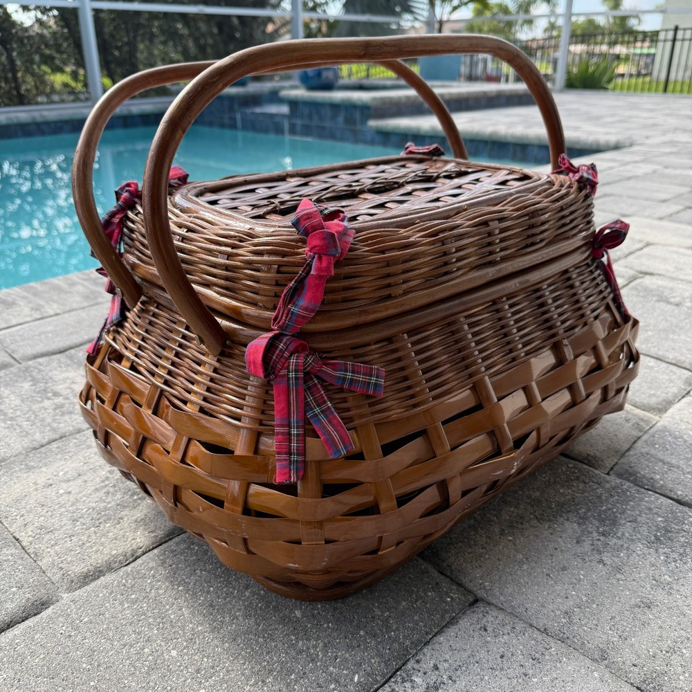 Picnic Time Wicker Picnic Basket XL Vtg Plaid Tartan Woven Wine Cheese Date